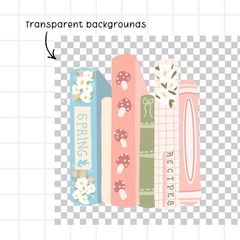 Op de afbeelding: Een stapel ge&iuml;llustreerde boeken met een transparante achtergrond. De boeken zijn in pastelkleuren, waaronder lichtblauw, roze en groen. E&eacute;n boek zegt "SPRING" en een ander "RECIPES". De boeken zijn versierd met bloemen- en paddenstoelontwerpen.