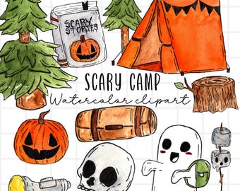 Watercolor halloween clipart, spooky camp, camping, forest, ghost, pumpkin skull graphics png format, commercial use digital download