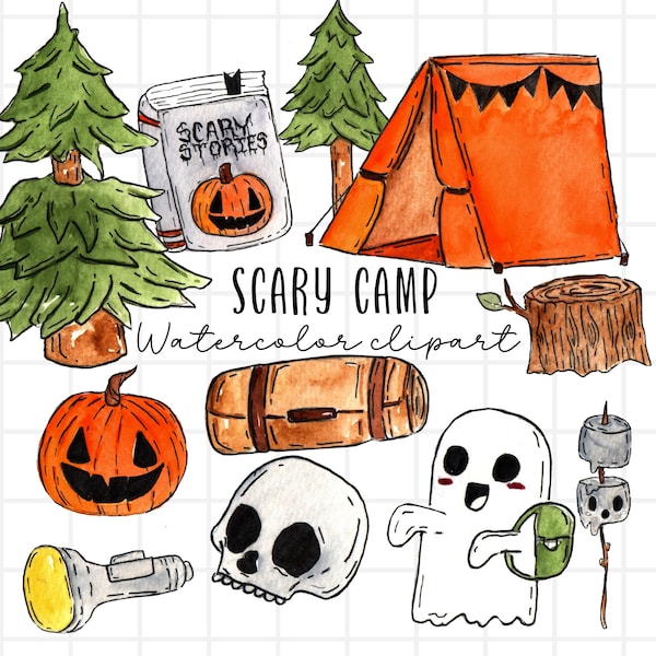Watercolor halloween clipart, spooky camp, camping, forest, ghost, pumpkin skull graphics png format, commercial use digital download