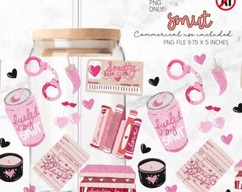 Emballage de verre de lecteur charbon, sublimation PNG charbonneux, smutty livresques peut emballer, Saint Valentin 16 oz verre à café glacé peut emballer