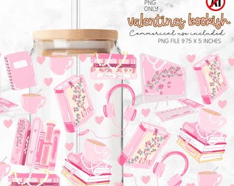 Pink Coquette Glass Wrap, Bookish Valentine Ice Coffee Sublimation PNG, Pink Girly Planner Girl 16oz Cup Wrap