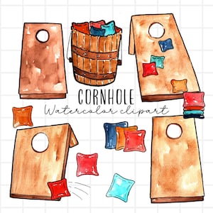 Watercolor clipart, cornhole, cornholing, sports, summer, cornhole sack, backyard game, bean bag, outdoor, commercial use PNG