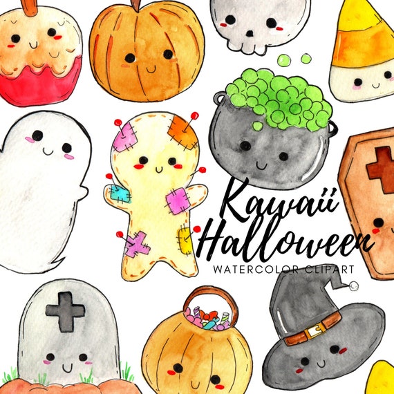 Kawaii Halloween Clipart Watercolor Ghost Pumpkin Skull - Etsy