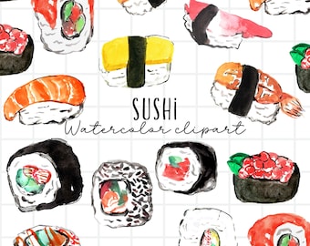 Watercolor sushi clipart, California roll, nagiri, sushi roll, tomato, Japanese food digital download commercial use