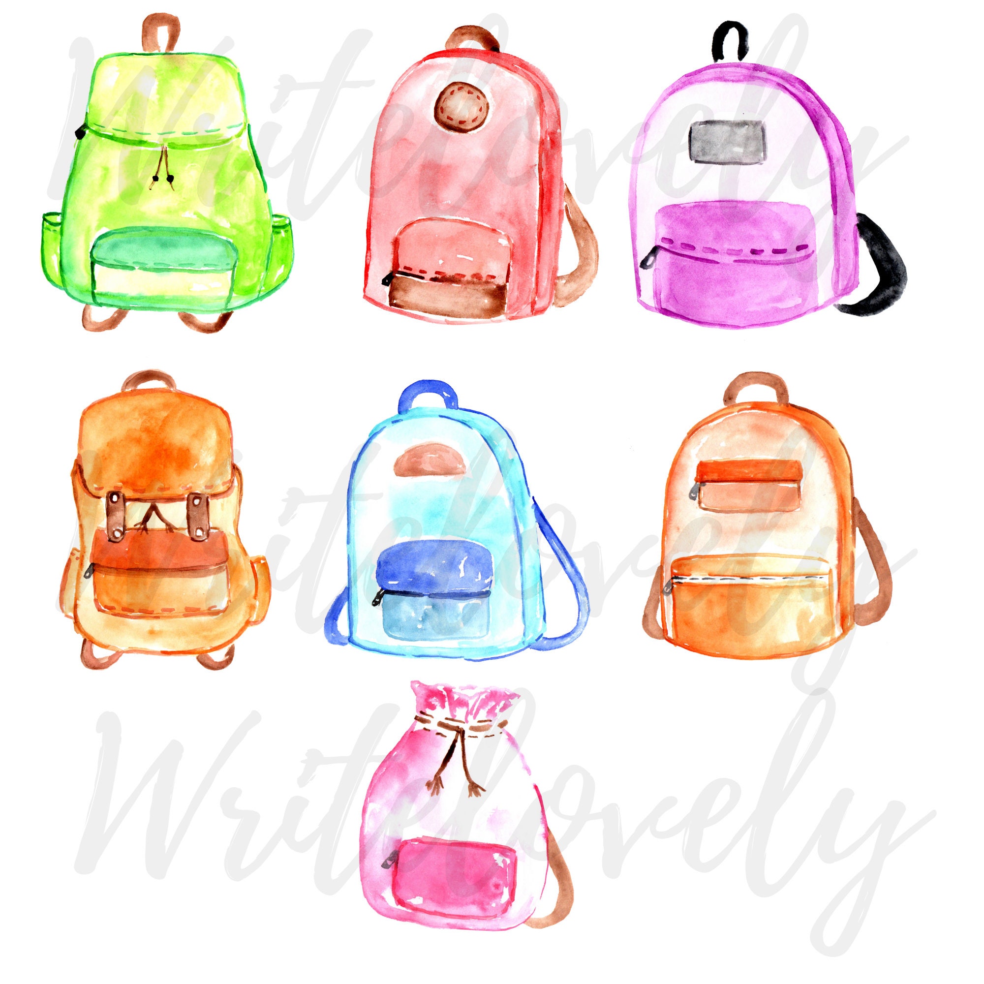 Cute Hand Drawn Backpack Watercolor Clipart
