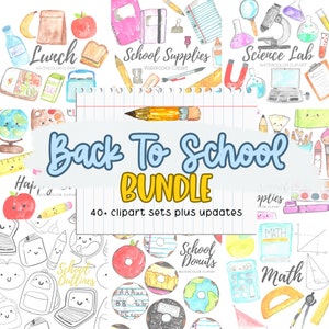 Large watercolor back to school clipart bundle, discount bundle, classroom decor, school illustrations, school supplies, digital download