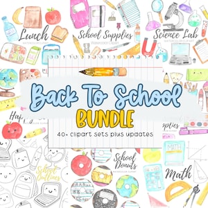 Grande pacote de clipart aquarela de volta às aulas, pacote de desconto, decoração de sala de aula, ilustrações escolares, material escolar, download digital