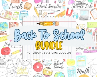 Large watercolor back to school clipart bundle, discount bundle, classroom decor, school illustrations, school supplies, digital download