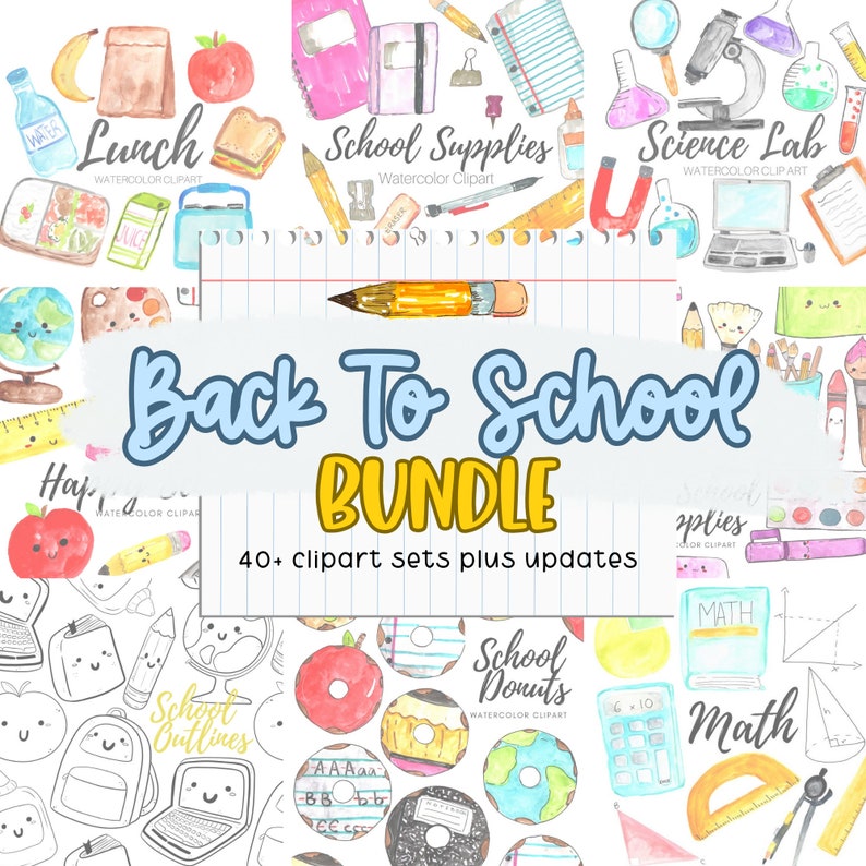 May include: A watercolor clipart bundle for back to school featuring images of school supplies, lunch, science lab, math, school outlines, and school donuts. The bundle includes over 40 clipart sets.