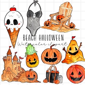 Halloween clipart, watercolor goth beach, spooky summer, pumpkin, ice cream illustration png format commercial use