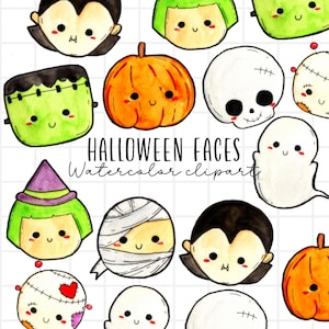 Aquarell Clipart, süßes kawaii Halloween Gesicht digitaler Download, Vampir, Hexe, Candy corn Png Dateien für den kommerziellen Gebrauch