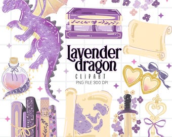 May include: A digital illustration set featuring a purple dragon, stacks of books, scrolls, a potion bottle, a heart-shaped locket, a sword, and a decorative key, with the text lavender dragon CLIPART PNG FILE 300 DPI centered in the middle.
