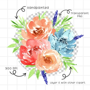 Op de afbeelding: Handgeschilderde aquarel bloemstuk met perzik, rode en blauwe bloemen met groene bladeren en lavendel accenten. Het ontwerp is een transparant PNG-bestand met een resolutie van 300 DPI, ideaal voor het over elkaar leggen met andere clipart.
