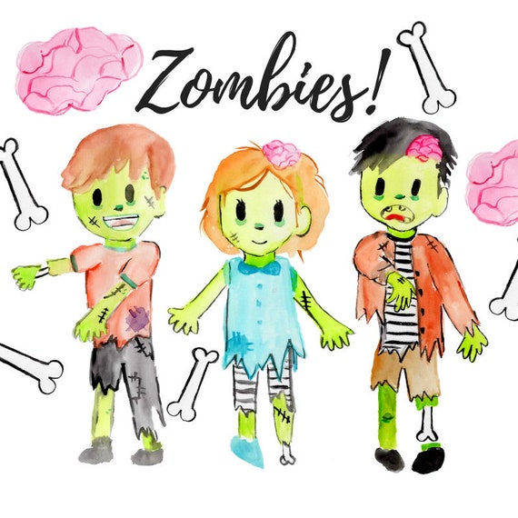 Zombie Clipart Watercolor Clipart Halloween Clipart Cute Etsy