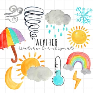 Watercolor science clipart weather rain snow sun png commercial use