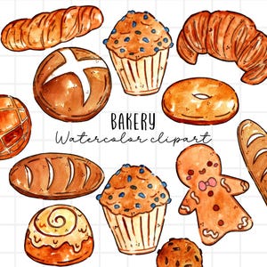 Watercolor clipart, bakery, bread, French bread, gingerbread,cinnamon roll, pretzel bun, watercolor art commercial use