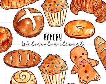 Watercolor clipart, bakery, bread, French bread, gingerbread,cinnamon roll, pretzel bun, watercolor art commercial use