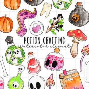 Watercolor halloween potion crafting clipart, spooky magic potion, eyeball, skull, graphics illustration commercial use