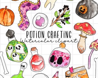 Clipart de elaboración de pociones de Halloween con acuarela, poción mágica espeluznante, globo ocular, calavera, ilustración gráfica para uso comercial