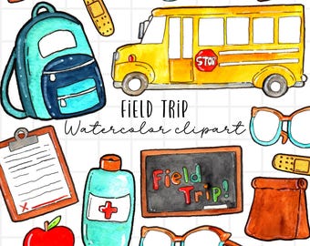 Watercolor field trip clipart, school, school bus, backpack, apple, pencil, hat commercial use