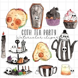 Watercolor clipart - Halloween, Goth, tea party, tea cup, tea pot, skull, spooky graphics, cupcake, desserts, creepy commercial use graphics