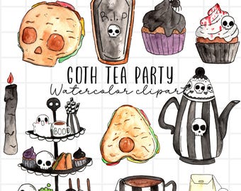 Watercolor clipart - Halloween, Goth, tea party, tea cup, tea pot, skull, spooky graphics, cupcake, desserts, creepy commercial use graphics