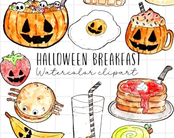 Halloween clip art, watercolor breakfast food breakfast, spooky food, eggs, cereal, pancake illustration, digital download commercial use