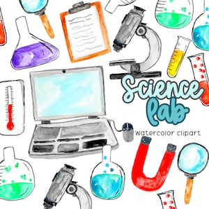 Watercolor science clipart, back to school, science lab, beaker, telescope, classroom, laptop, test tubes,commercial use