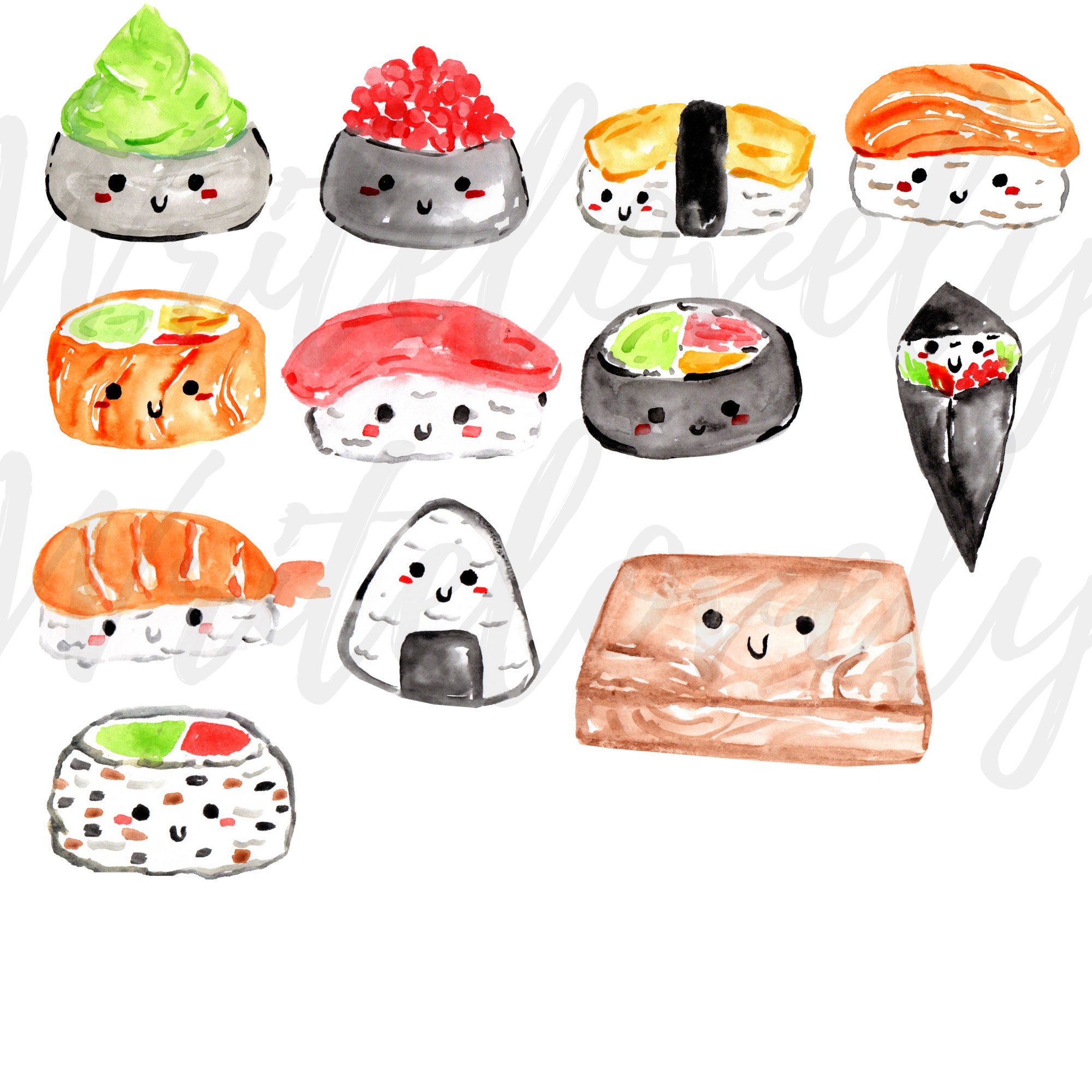 Watercolor Sushi Clip Art Cute Kawaii Food Graphics for | Etsy
