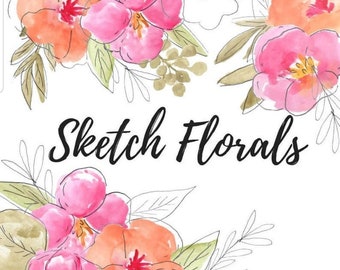 Watercolor floral clipart, pink and orange flowers, artsy,spring, greenery, botanical illustration commercial use