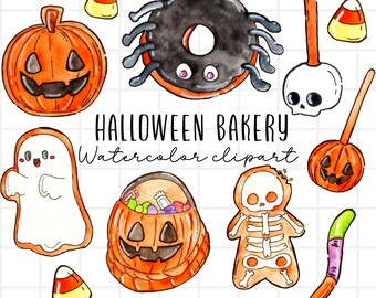 Watercolor halloween bakery clipart, spooky treats, cookies, cupcake, candy, scary halloween food graphics, png format commercial use