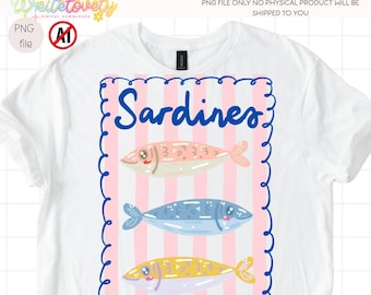 Sardine Fish, Preppy Coastal Summer PNG Striped Shirt Design Digital Download