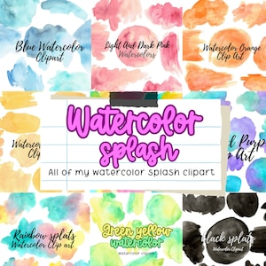 Large watercolor splash clipart -Ink splatter, brush struck, paint blobs, PNG illustrations for commercial use