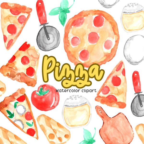 Watercolor pizza clipart, pizza slice pizzeria graphics in png format, commercial use digital download