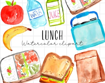 Lunch clipart - Watercolor, back to school, lunch box, paper bag, apple,bento, juice box, school PNG commercial use sublimation graphics