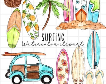 watercolor surf board clip art - summer beach graphics PNG illustration for commercial use