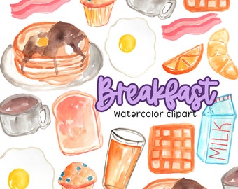 Watercolor breakfast clipart, eggs, bacon, muffin, milk, orange juice, food illustrations commercial use