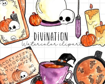 Watercolor halloween divination clipart, spooky tarot illustration in PNG format for commercial use and sublimation