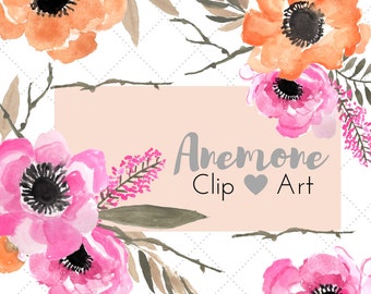 Watercolor anemone clipart, floral, flower, pink and orange flower, gardening illustration commercial use