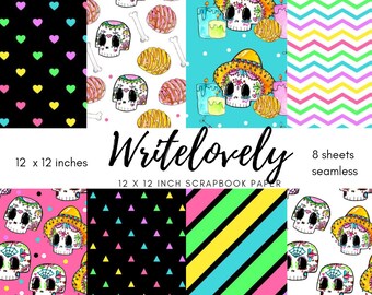 Day of the dead seamless paper pattern, halloween paper Dia De Muertos pattern 12 x12 inches commercial use