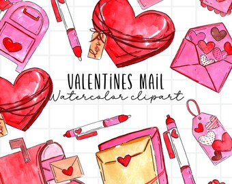 Watercolor valentines day clipart, postal mail, love letter graphics heart png commercial use graphics