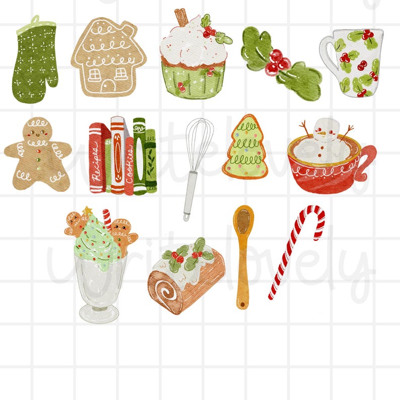 May include: A watercolour illustration featuring Christmas-themed items. Includes a gingerbread man, a cupcake, a candy cane, a mug, a whisk, a spoon, and a gingerbread house. The image has a festive, holiday theme.