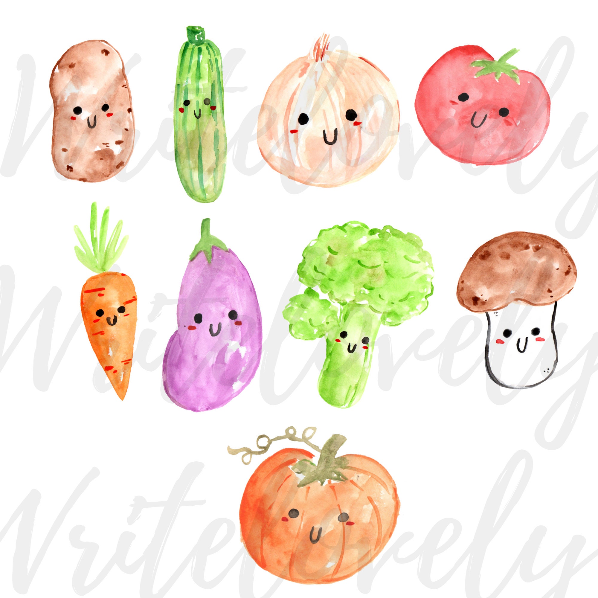 Watercolor Clipart Vegetable Clipart Kawaii Food Graphics - Etsy