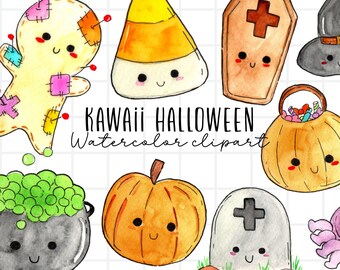 Kawaii halloween clipart, watercolor ghost, pumpkin, skull, voodoo doll, grave, witch hat, cute kids fall autumn graphics for commerical use