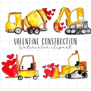 Clipart aquarelle - Graphiques de la Saint-Valentin - Voitures de construction - Illustration de la Saint-Valentin de construction téléchargement numérique