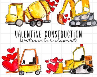 Watercolor clipart - Valentines day graphics - Construction cars - Construction valentines day illustration digital download