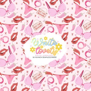 May include: Seamless digital paper with a repeating pattern of pink lingerie, red lips, chili peppers, handcuffs, and "Do Not Disturb" signs. The text "Write Lovely" is in the center, with the words "Digital Downloads" and "12 x 12 inch seamless paper" below.