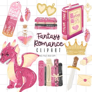 Fantasy Romantik Clipart, Fantasy Drache Clipart, PNG PNG, Romantasy Bookish Clipart Digital Download Fantasy Illustration Bild 1