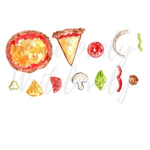 May include: Watercolor illustration of pizza ingredients, including a whole pizza, a slice of pizza, a mushroom, a green leaf, a red pepper, a tomato, a piece of orange, and a piece of pepperoni.