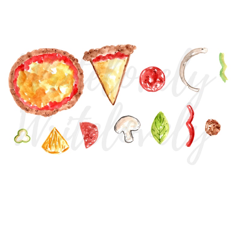 May include: Watercolor illustration of pizza ingredients, including a whole pizza, a slice of pizza, a mushroom, a green leaf, a red pepper, a tomato, a piece of orange, and a piece of pepperoni.
